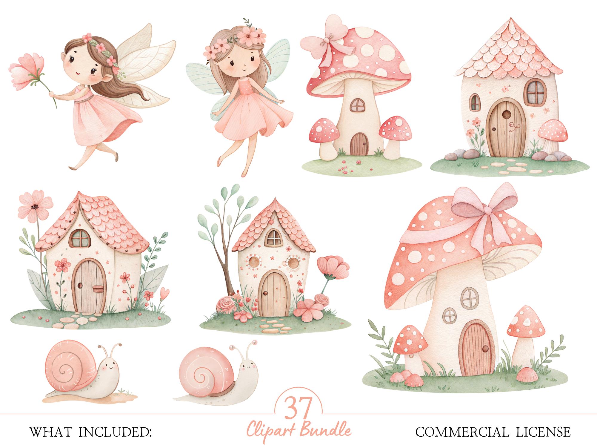 Enchanted Fairy Clipart Bundle: Watercolor Pink Fairy Garden PNG Set ...