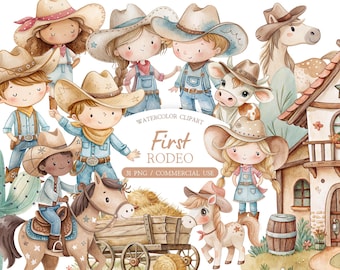 Süße Cowboy Clipart: Aquarell Wilder Westen PNG Set — Digitaler Download & kommerzielle Nutzung