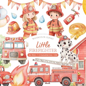 Puede incluir: Conjunto de imágenes prediseñadas de acuarela con ilustraciones de bomberos, camiones de bomberos, un perro dálmata y otros elementos relacionados con el fuego. También se incluye el texto "Little Firefighter". Perfecto para proyectos infantiles.