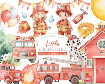 Feuerwehrmann Illustration Pack: Feuerwehrauto, Rettungswagen und Junge Party Kunst (Instant Download)