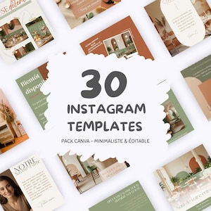 Könnte beinhalten: Eine Sammlung von 30 Instagram-Vorlagen im minimalistischen Stil. Die Vorlagen weisen eine Reihe von Farben auf, darunter Grün, Braun und Weiß. Der Text auf den Vorlagen enthält Sätze wie "Instagram Templates" und "Pack Canva - Minimaliste & Éditable."