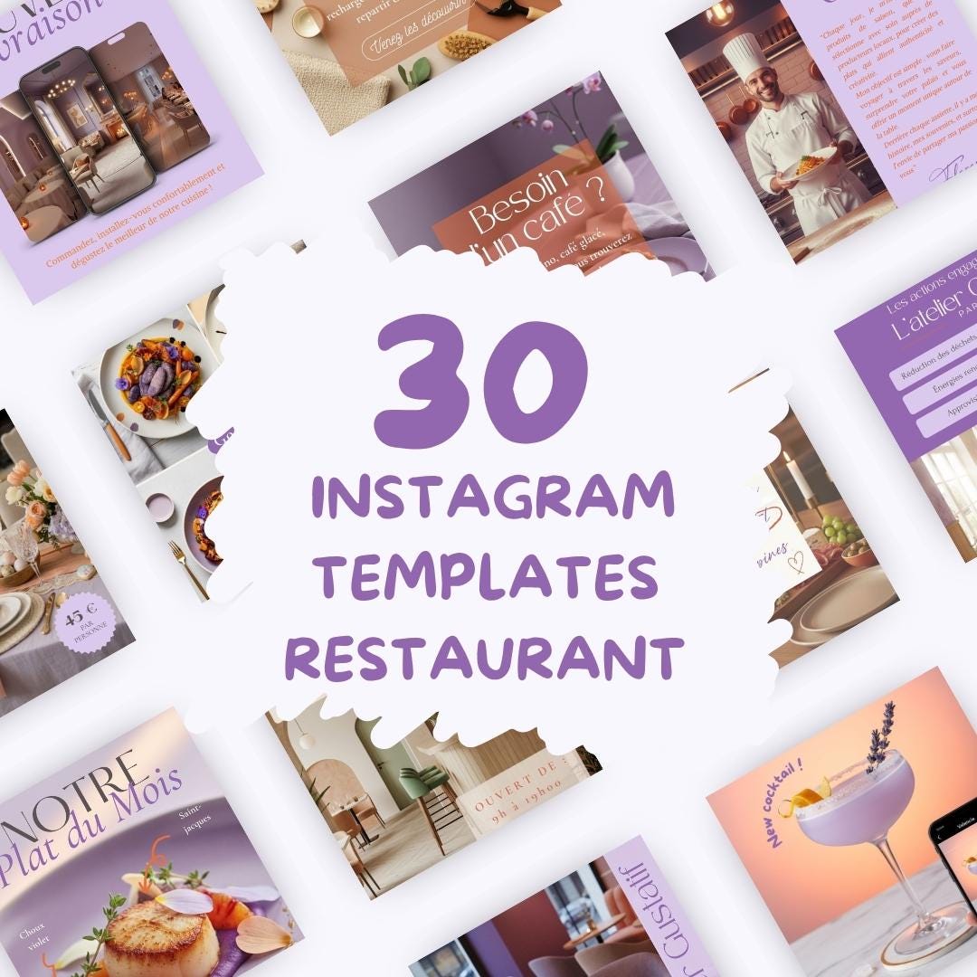 30 Restaurant Instagram Templates – Purple & Orange Canva Pack | Modern ...