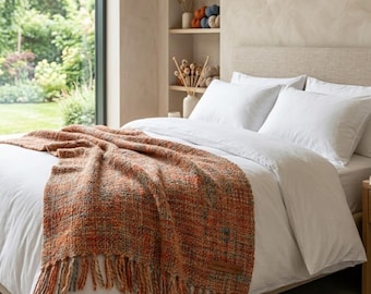 Orange Boho Cable Knit Throw Blanket with Tassels, Cozy Fall Bed Couch Decor