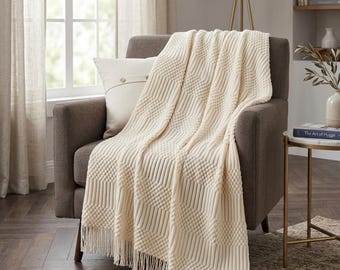 Boho Knit Throw Blanket, Cream White Acrylic Bedspread, Vintage Textured Sofa Cover