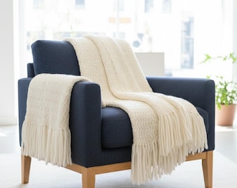 Knitted Throw Blanket, Cream White Vintage Tassel Decor, Cozy Lightweight Throw