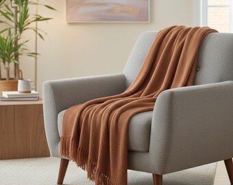Nordic knitted blanket, modern minimal plaid travel throw with tassels