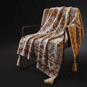 Puede incluir: Una manta estampada sobre una silla. La manta presenta un diseño geométrico en tonos marrón, gris y blanco. Borlas cuelgan de las esquinas. La silla tiene una estructura de metal marrón y un asiento de color neutro.