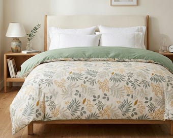100% Cotton Duvet Cover Floral Printed – Luxury Pre-Washed Finish, Green Bedroom Decor, Easy Care