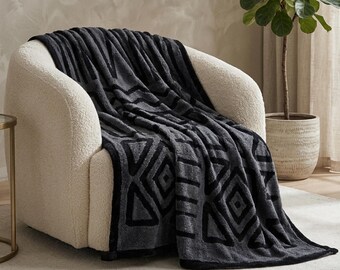 Dark Grey Sofa Cover, Polar Fleece Couch Blanket, Geometric Print Slipcover