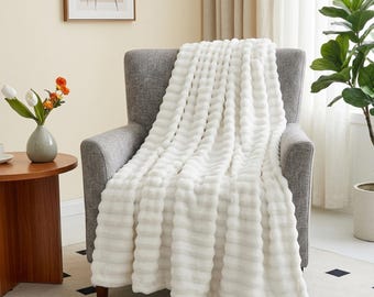 Plush White Striped Blanket, Soft Faux Rabbit Fur Throw, Cozy Sofa Bedding