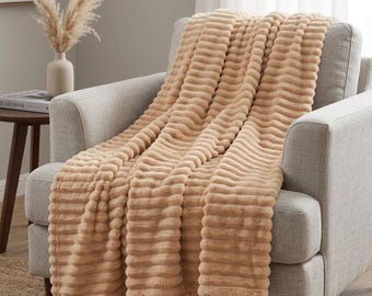 Throw Blanket Khaki Striped Multi-functional Flannel Warm Soft
