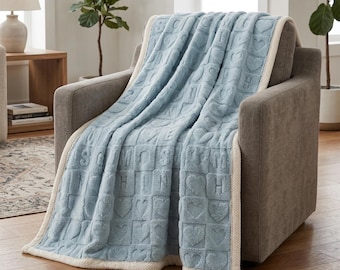 Plush Blanket Heart Pattern Blue Coral Fleece Blanket for Bed & Couch