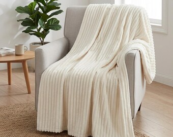 Thickened Striped Flannel Blanket, Soft Multi-Functional, White