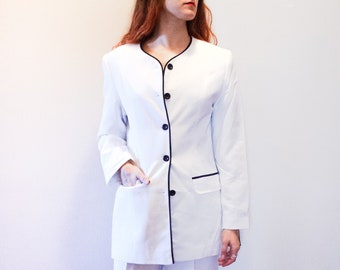 1990s WHITE MINIMALIST SUIT - Mod Ribbed Power Suit Navy Trim - Trousers Pants Set