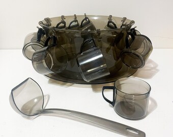 1970 MCM SMOKE GREY Punch Bowl Set with Cups and Ladle