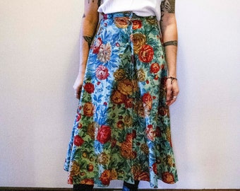 90s FLORAL MAXI SKIRT - Full Button Front Skirt - Flower Printed Skirt