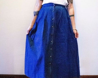 70s BLUE DENIM SKIRT - Button Front Skirt - Raw Dark Blue Denim Maxi Skirt