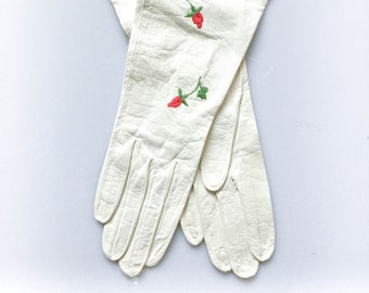 1950s FRENCH WHITE LEATHER Kid Leather Gloves with Rosehip Embroidery - Evening Gloves - Size Small