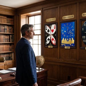 May include: A room with wood paneling and a large bookcase. Three framed clocks are mounted on the wall, labeled Tokyo, Amsterdam, and Washington. The Tokyo clock features playing card suits. A man in a blue blazer stands in the room.
