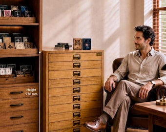 Massief eikenhouten speelkaartenkast, handgemaakte verzamelkist voor pokerkaarten, luxe houten console met 10 lades
