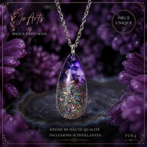 May include: A handmade pendant necklace with a teardrop-shaped resin pendant. The pendant features a purple and silver glitter design with floral inclusions, suspended from a silver chain. The text "Jo Arts" and "BIJOUX FAITS MAIN" are visible.