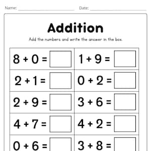 以下が含まれることがあります： 「Addition」と書かれた白黒のワークシート。足し算の問題と答えを書くためのボックスがあります。「Add the numbers and write the answer in the box.」というテキストが含まれています。