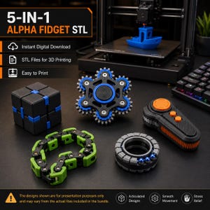 May include: A collection of five 3D printed fidget toys including a black and blue gear spinner, a black and blue cube, a green chain link, a black and grey ring with blue beads, and a black and orange controller-style device with buttons.