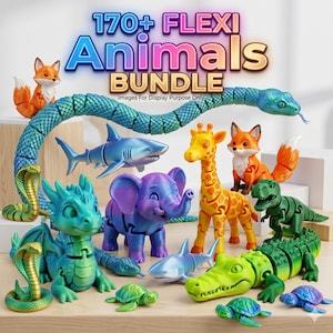 May include: A collection of colorful, articulated animal figures, including a fox, giraffe, shark, elephant, and dragon. The image features the text "170+ FLEXI Animals BUNDLE" in a vibrant, multi-colored font. The figures are displayed on a light-colored surface.