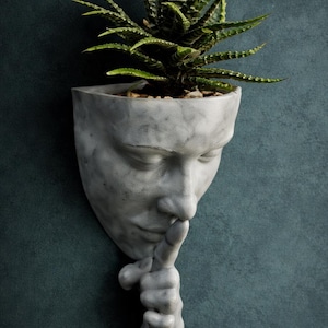 May include: A gray concrete wall planter shaped like a human face, with a finger pressed to the lips in a 'shush' gesture. The planter holds a green succulent plant. The wall decor is mounted on a teal wall.