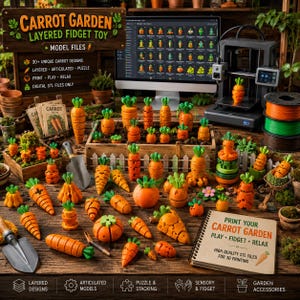 May include: A collection of 3D printed orange and green carrot-shaped fidget toys in various sizes and segmented designs. The display includes a wooden crate, a 3D printer, a computer monitor showing digital files, and a notebook labelled Carrot Garden.