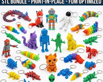 May include: A collection of colorful, articulated keychain figures, including robots, animals, and space-themed characters. The keychains are 3D printed and feature a variety of designs, such as a fox, cat, and astronaut. Text on the image reads: 1000+ ORIGINAL ARTICULATED KEYCHAIN STL BUNDLE - PRINT-IN-PLACE - FDM OPTIMIZED.
