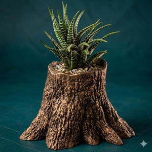 May include: A decorative planter shaped like a tree stump, holding a green and white striped succulent. The planter is brown with a textured surface, and the succulent is surrounded by small pebbles. The background is a dark teal color.