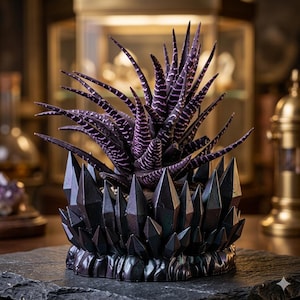 May include: A Haworthia succulent plant with dark purple leaves and white stripes, potted in a black, crystal-shaped planter. The planter sits on a dark gray stone surface, creating a striking contrast.