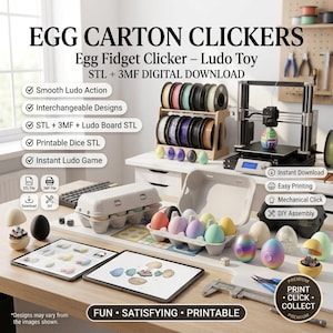 May include: Egg Carton Clickers digital download set featuring 3D printable egg-shaped fidget toys, Ludo board game components, and dice. Includes STL and 3MF files for printing, assembly instructions, and mechanical click mechanisms in various colors.