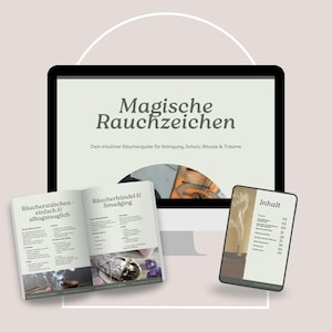 Puede incluir: Un monitor de ordenador muestra el título "Magische Rauchzeichen" sobre un texto en alemán. Un libro y una tableta están delante del monitor. El libro está abierto, mostrando texto e imágenes. La tableta muestra una tabla de contenidos.
