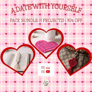 Kit di cuori in macramè: sottobicchiere, segnalibro, ciondolo fai da te (download digitale)