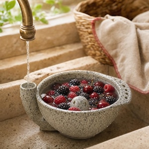 May include: A speckled gray ceramic berry bowl with a built-in funnel for water intake, filled with fresh red cherries, raspberries, and blackberries, positioned under a brass kitchen faucet that is actively pouring water into the funnel.