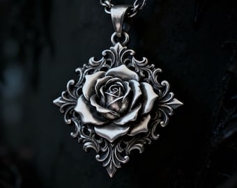 Collar con colgante de rosa gótica vintage / Joyería barroca de plata con forma de flor / Regalo de estética oscura para ella