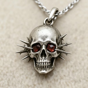 Collar de calavera gótica con ojos de circonita roja y puntiagudos, regalo de joyería punk Memento Mori.