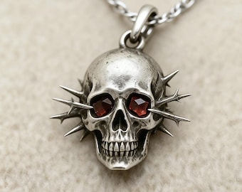 Gothic Skull Necklace - Red Zircon Eyes Spiky Memento Mori Punk Jewelry Gift