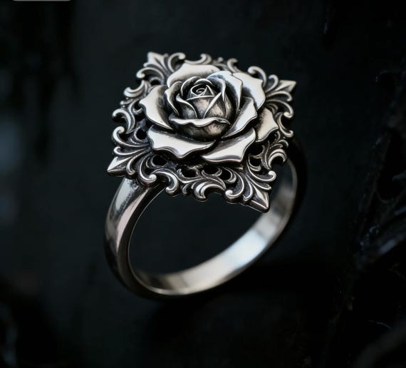 Ornate Rose Ring, Gothic Filigree, Dark Academia Jewelry