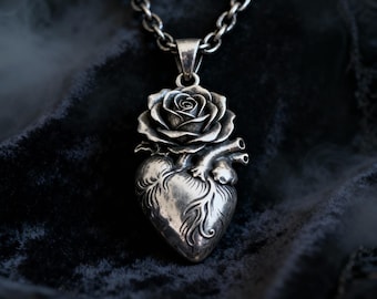 Silber Anatomische Herz Rose Halskette - Gothic Romantische Orgel Anhänger Unisex Geschenk