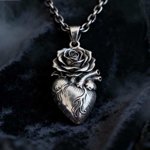 Silver Anatomical Heart Rose Necklace - Gothic Romantic Organ Pendant Unisex Gift