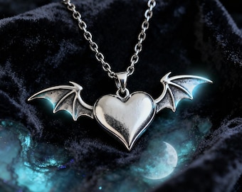Bat Wing Heart Necklace - Gothic Punk Vampire Pendant - Unisex Edgy Halloween Jewelry Gift
