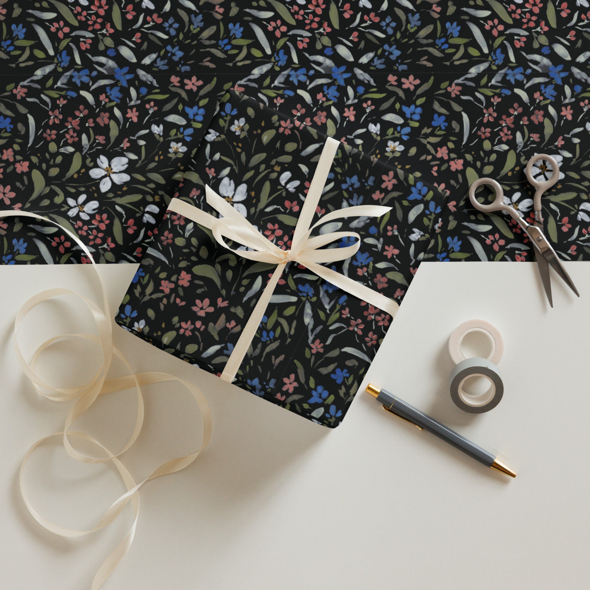 Black Floral Wrapping Paper Sheets Hand-painted Watercolor 