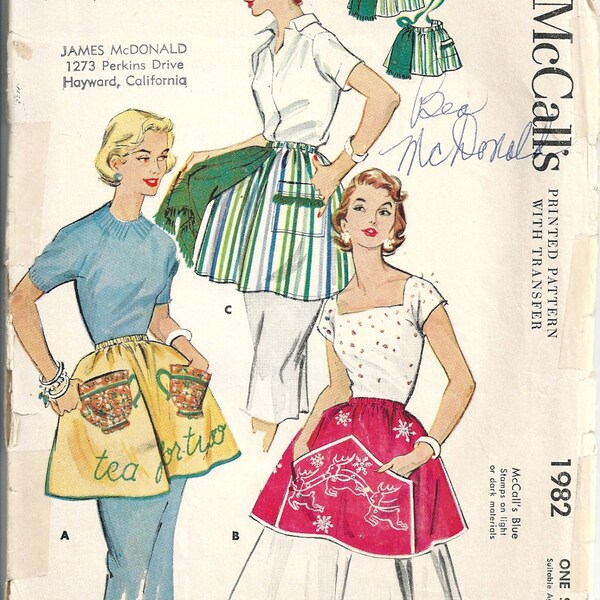 1950s Misses Half Aprons To Clamp On Or Tie With Christmas Or Tea Cup Transfer McCall's 1982 1955 Women's Vintage Sewing Pattern