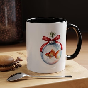 Mug, Goldfish Christmas Holiday Coffee Cup, Festive Tea Mug, Winter Seasonal Drinkware, Animal Lover Gift, Unique Office Desk Decor