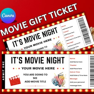 May include: Two movie gift tickets with the text "MOVIE GIFT TICKET" and "IT'S MOVIE NIGHT". The tickets have space to add a name, theater, date, and a personal message. A popcorn bucket is in the background.