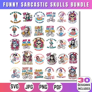 Puede incluir: Un paquete de 30 diseños de calaveras divertidas y sarcásticas. Cada diseño presenta una calavera con varios accesorios y frases como "Mi círculo es tan pequeño" y "Solo para el estacionamiento". Formatos: SVG, JPG, PNG y PDF.