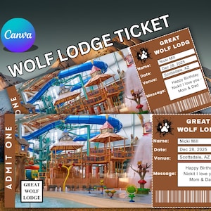 May include: Two Great Wolf Lodge tickets with a water park image. The tickets are brown with white text, including the name "Nicki Mill", date "Dec 28, 2025", and venue "Scottsdale, AZ". The tickets also have a message that says "Happy Birthday Nicki I love you - Mom & Dad".